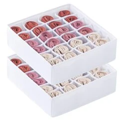 Qozary 2 Pack Sock Underwear Organizer With Linen Textured, 24 Cell Collapsible Drawer Organizer Divider, Closet Cabinet Storage Boxes For Storing Socks, Lingerie, Underwear, Clothes (White)