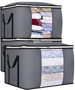 SLEEPING LAMB 100L Large Comforter Storage Bag For Closet Clothes Storage Containers For Duvets Blankets Bedding Sheets Pillows, With Reinforced Handles, 3 Pack, Grey