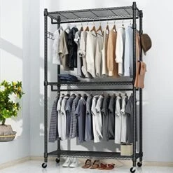 BATHWA Large Clothing Rack 205 Cm/80'' Height, Garment Rack Commercial Clothes Rack 3 Tier Cloth Drying Rack Dress Rack Hanging Rack With Lockable Wheel, 2 Hanging Rods And 2 Hooks, Gray -GENERIC Shop 51 7svXCGyL. AC