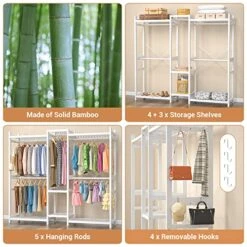 Homykic Bamboo Clothes Rack, Large Closet System Clothing Rack For Hanging Clothes, Freestanding Garment Rack With Shelves And 5 Rods, Open Wardrobe Organizer With 4 Hooks, 70”Wx77”H, White -GENERIC Shop 510ZUgahf3L