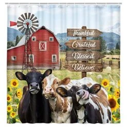Farmhouse Fabric Shower Curtain, Farm Cow Sunflower Mountain Windmill Bathroom Curtains, Boho Funny Cattle Bathroom Shower Curtains, 69 X 70 Inches