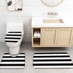 Lack White Striped 4 Piece Bathroom Set, 72" W X 72" L Shower Curtain And Bath Mat Set With Non-Slip Rug, Toilet Lid Cover, Bath Mat, Classic Simple Black And White -GENERIC Shop 512LWJGzyeL