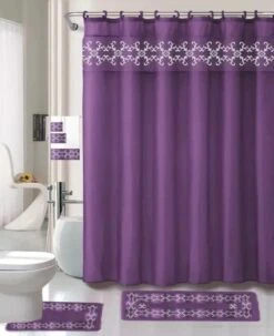 GENERIC Shower Curtain Set Of 18 Pieces With Rugs And Accessories Embroidery Non Slip Bathroom Rug Mats And Rug Contour With An Elegant Matching Curtain, 3 Piece Towel Set, And Ring Hooks (Riley Burgundy)