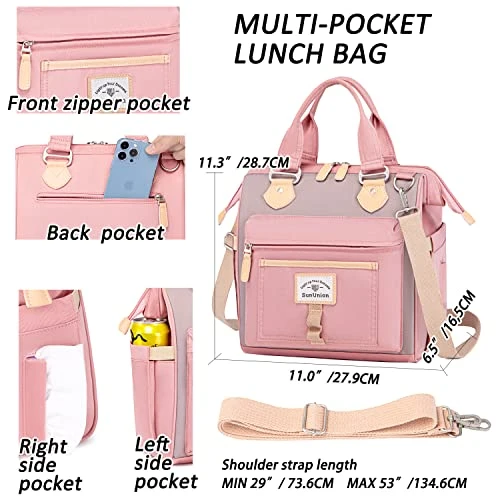 SunUnion Lunch Bag, Cute Insulated, Large Lunch Tote For Work, Leak Proof Lunch Box For Women, Lunch Purse, Cooler Bag With Side Pockets And Shoulder Strap For Picnic Office(Pink) 2 SunUnion Lunch Bag, Cute Insulated, Large Lunch Tote For Work, Leak Proof Lunch Box For Women, Lunch Purse, Cooler Bag With Side Pockets And Shoulder Strap For Picnic Office(Pink) - Image 2