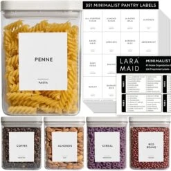 351 Ultimate Pantry Label Set, Black Text On White Vinyl Waterproof Label Sticker With Removable Adhesive- Fits On Round, Square And Rectangle Jars - Organize Pasta, Baking, Legume And Grain