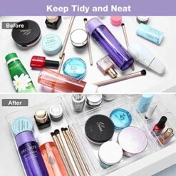 Puricon [10 Pcs] Desk Drawer Organizers, Plastic Clear Organizing Bins, Bathroom Organizers Storage Container Vanity Tray For Makeup Dresser Toilet Kitchen Office