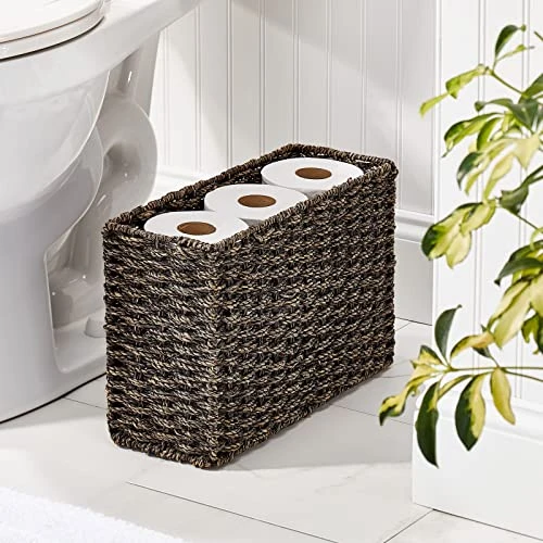 MDesign Rustic Farmhouse Woven Seagrass Toilet Paper Holder Basket - Large Storage Organizer Tank Topper For Bathroom Counter Or Top Of Toilet - Holds 6 Rolls Of Toilet Paper - Black Wash 2 MDesign Rustic Farmhouse Woven Seagrass Toilet Paper Holder Basket - Large Storage Organizer Tank Topper For Bathroom Counter Or Top Of Toilet - Holds 6 Rolls Of Toilet Paper - Black Wash - Image 2