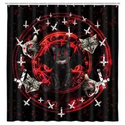 Funny Cat Shower Curtain, Goth Shower Curtain, Satanic Cat Pentagram Death Black Metal Durable Bathroom Curtains Waterproof Polyester Fabric Shower Curtains With 12 Hooks,60X90IN Black Red
