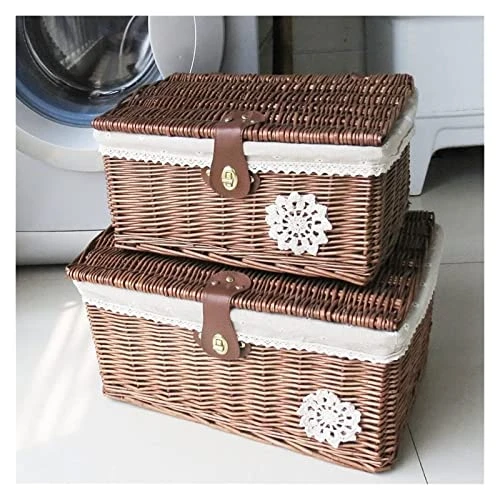 WALTX Rattan Storage Basket Desktop Sundries Cosmetic Storage Box Hand-Woven Home Basket With Lid (Color : Coffee Rose Cloth, Size : 37x27x17 Cm) 4 WALTX Rattan Storage Basket Desktop Sundries Cosmetic Storage Box Hand-Woven Home Basket With Lid (Color : Coffee Rose Cloth, Size : 37x27x17 Cm) - Image 4