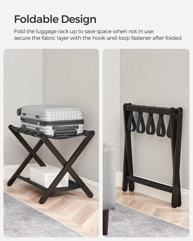SONGMICS Luggage Rack, Wood Luggage Rack For Guest Room, Folding Suitcase Stand, For Hotel, Bedroom, Heavy-Duty, Holds Up To 121 Lb, Expresso And Black URLR006R01 3 SONGMICS Luggage Rack, Wood Luggage Rack For Guest Room, Folding Suitcase Stand, For Hotel, Bedroom, Heavy-Duty, Holds Up To 121 Lb, Expresso And Black URLR006R01 - Image 3