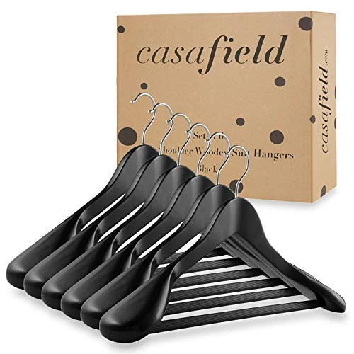 Casafield - 6 Black Wide Shoulder Wooden Suit Hangers - Premium Lotus Wood, Non-Slip Pant Bar & Chrome Swivel Hook For Dress Clothes, Coats, Jackets, Pants, Shirts, Skirts 4 Casafield - 6 Black Wide Shoulder Wooden Suit Hangers - Premium Lotus Wood, Non-Slip Pant Bar & Chrome Swivel Hook For Dress Clothes, Coats, Jackets, Pants, Shirts, Skirts - Image 4