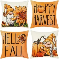 UINI Set Of 4 Hello Fall Throw Pillow Covers, 18x18 Inch Gnomes Pillow Covers, Autumn Thanksgiving Harvest Pumpkin Sunflower Decorative Cushion Case For Party, Couch, Sofa -GENERIC Shop 516 NO4FPTL. AC