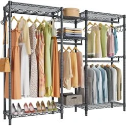 JustRoomy Heavy Duty Clothes Rack For Hanging Clothes, Large Garment Rack With Shelves Portable Closet Wardrobe Rack Freestanding Adjustable Metal Clothing Rack For Bedroom, Max Load 800 Lbs, Black