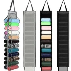 4 Pcs Legging Organizer For Closet T-Shirts Organizer Hanger Storage Legging Holder Organizer Clothes Roll Holder Hanging Bag Foldable Legging Towel Space Saving With 24 Compartments (Black, Gray)