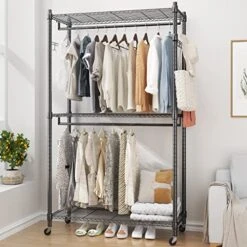 BATHWA Large Clothing Rack 205 Cm/80'' Height, Garment Rack Commercial Clothes Rack 3 Tier Cloth Drying Rack Dress Rack Hanging Rack With Lockable Wheel, 2 Hanging Rods And 2 Hooks, Gray