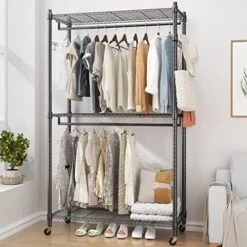 BATHWA Large Clothing Rack 205 Cm/80'' Height, Garment Rack Commercial Clothes Rack 3 Tier Cloth Drying Rack Dress Rack Hanging Rack With Lockable Wheel, 2 Hanging Rods And 2 Hooks, Gray -GENERIC Shop 517FMJ4t6UL. AC