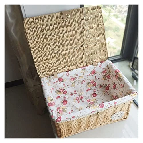 WALTX Rattan Storage Basket Desktop Sundries Cosmetic Storage Box Hand-Woven Home Basket With Lid (Color : Coffee Rose Cloth, Size : 37x27x17 Cm) 3 WALTX Rattan Storage Basket Desktop Sundries Cosmetic Storage Box Hand-Woven Home Basket With Lid (Color : Coffee Rose Cloth, Size : 37x27x17 Cm) - Image 3