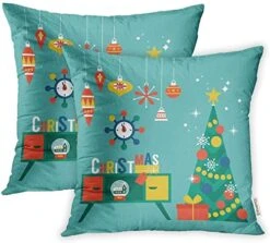 Emvency 2 Pcs Decorative Throw Pillow Case Cushion Cover Flat Modern Creative Christmas Design With Tree And Mid Century Furniture Xmas 16x16 Inch Cases Square Pillowcases Covers Two Sides Print