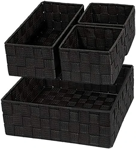 VK Living Woven Storage Box Basket Bin Container, Woven Strap Basket, Nylon Woven Box Basket, Underwear Bra Storage Organizer Divider For Drawer, Dresser, Closet, Black, Set Of 4 4 VK Living Woven Storage Box Basket Bin Container, Woven Strap Basket, Nylon Woven Box Basket, Underwear Bra Storage Organizer Divider For Drawer, Dresser, Closet, Black, Set Of 4 - Image 4