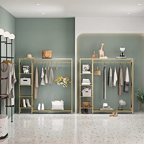 TIEOU Gold Clothing Rack With Shelves, Standing Garment Rack, Clothes Rack For Hanging Clothes, Modern Rack Clothes, Gold Clothes Rack,Wardrobe Closet, Industrial Clothing Rack, Gold 4 TIEOU Gold Clothing Rack With Shelves, Standing Garment Rack, Clothes Rack For Hanging Clothes, Modern Rack Clothes, Gold Clothes Rack,Wardrobe Closet, Industrial Clothing Rack, Gold - Image 4