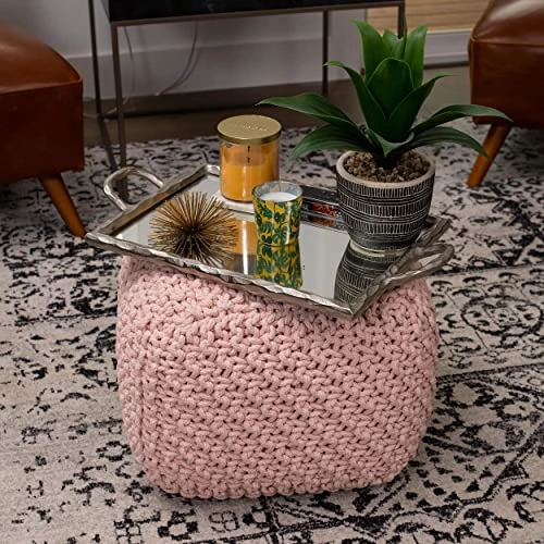 BIRDROCK HOME Square Pouf Footstool Ottoman - Dusty Rose - Knit Bean Bag Floor Chair - Cotton Braided Cord - Great For The Living Room, Bedroom And Kids Room - Small Furniture 4 BIRDROCK HOME Square Pouf Footstool Ottoman - Dusty Rose - Knit Bean Bag Floor Chair - Cotton Braided Cord - Great For The Living Room, Bedroom And Kids Room - Small Furniture - Image 4