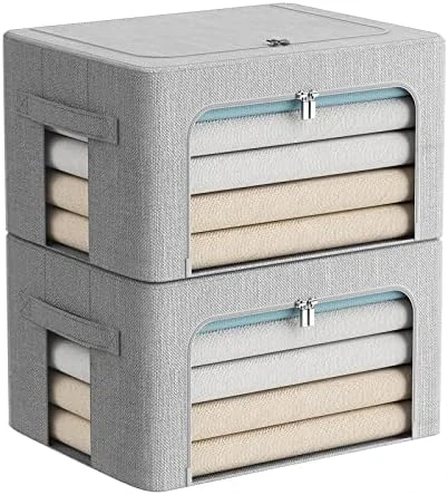 2 Pack Clothes Storage Bins - Stackable Metal Frame Storage Box Foldable Linen Fabric Box Organizer With Carrying Handles And Clear Window (Beige, 15.7X 11.8X 11.7 Inch) 6 2 Pack Clothes Storage Bins - Stackable Metal Frame Storage Box Foldable Linen Fabric Box Organizer With Carrying Handles And Clear Window (Beige, 15.7X 11.8X 11.7 Inch) - Image 6