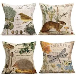 Throw Pillow Covers Adorable Animals Rabbit Hedgehog Bird Butterfly Decorative Pillowcases Set Of 4 Cotton Linen Square Throw Pillow Case Home Couch Decor Cushion Cover 18" X 18" (Animal Set)