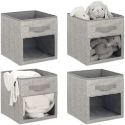 MDesign Fabric Nursery/Playroom Closet Storage Organizer Bin Box With Front Handle/Window For Cube Furniture Shelving Units, Hold Toys, Clothes, Diapers, Bibs, Jane Collection, 4 Pack - Cream/White -GENERIC Shop 51BgHSbvFDL. AC