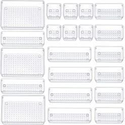 JARLINK 21 Pack Desk Drawer Organizer Trays With 4 Different Sizes, Versatile Clear Drawer Organizers Storage For Bathroom, Makeup, Bedroom, Kitchen, Office Supplies, Craft (Clear)