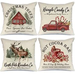 AENEY Christmas Pillow Covers 18x18 Set Of 4 For Christmas Decorations Christmas Tree Red Truck Hot Coco Christmas Pillows Winter Holiday Throw Pillows Christmas Farmhouse Decor For Couch A427-18