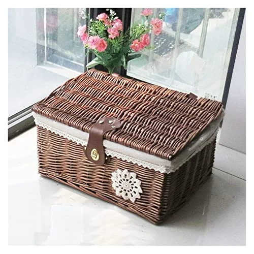 WALTX Rattan Storage Basket Desktop Sundries Cosmetic Storage Box Hand-Woven Home Basket With Lid (Color : Coffee Rose Cloth, Size : 37x27x17 Cm) 7 WALTX Rattan Storage Basket Desktop Sundries Cosmetic Storage Box Hand-Woven Home Basket With Lid (Color : Coffee Rose Cloth, Size : 37x27x17 Cm) - Image 7