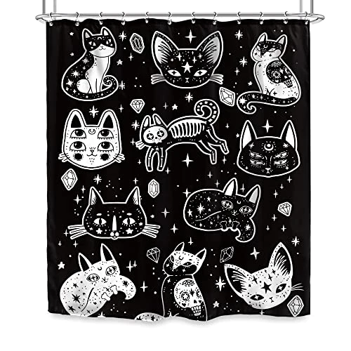 Black White Cats Shower Curtain Halloween Ghost Kitten Skull 60Wx72L Inch Mystic Spooky Cats Art Painting 12 Pack Hooks Polyester Waterproof Fabric Bathroom Bathtub Panels 5 Black White Cats Shower Curtain Halloween Ghost Kitten Skull 60Wx72L Inch Mystic Spooky Cats Art Painting 12 Pack Hooks Polyester Waterproof Fabric Bathroom Bathtub Panels - Image 5