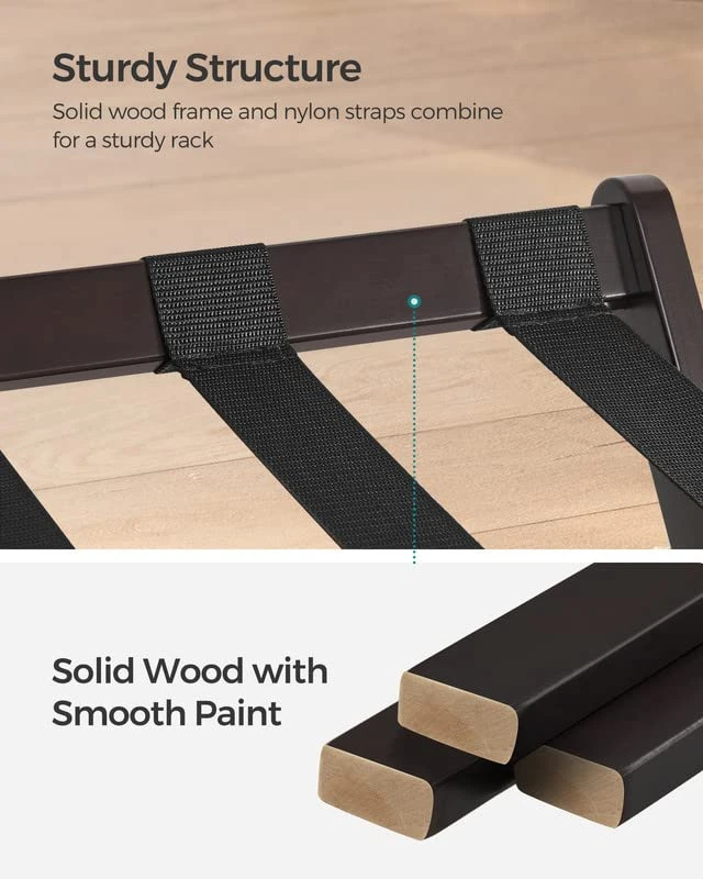 SONGMICS Luggage Rack, Wood Luggage Rack For Guest Room, Folding Suitcase Stand, For Hotel, Bedroom, Heavy-Duty, Holds Up To 121 Lb, Expresso And Black URLR006R01 4 SONGMICS Luggage Rack, Wood Luggage Rack For Guest Room, Folding Suitcase Stand, For Hotel, Bedroom, Heavy-Duty, Holds Up To 121 Lb, Expresso And Black URLR006R01 - Image 4