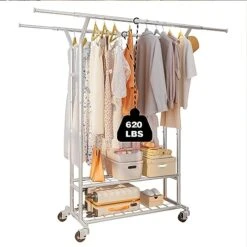 Rolling Clothes Racks For Hanging Clothes, 620lbs Load Capacity Heavy Duty Garment Rack With Wheels, Commercial Grade Double Rail Clothing Garment Racks, Adjustable Steel Clothing Rack