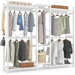 Homykic Bamboo Clothes Rack, Large Closet System Clothing Rack For Hanging Clothes, Freestanding Garment Rack With Shelves And 5 Rods, Open Wardrobe Organizer With 4 Hooks, 70”Wx77”H, White