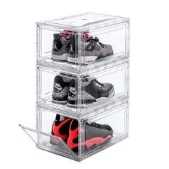 BBYB Shoe Box,Drop Front Shoe Box,Clear Plastic Stackable Storage Bins,Magnetic Transparent Door Clear Storage Bins 3pack (Large, E-Clear)