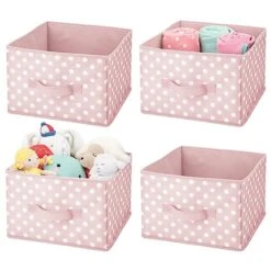 MDesign Medium Soft Fabric Nursery/Playroom Closet Storage Organizer Bin Box With Front Handle For Cube Furniture Shelving Units - Holds Toys, Clothes, Diapers, Bibs, 4 Pack, Pink/White Polka Dot