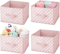 MDesign Medium Soft Fabric Nursery/Playroom Closet Storage Organizer Bin Box With Front Handle For Cube Furniture Shelving Units - Holds Toys, Clothes, Diapers, Bibs, 4 Pack, Pink/White Polka Dot -GENERIC Shop 51HJew0HOzL. AC