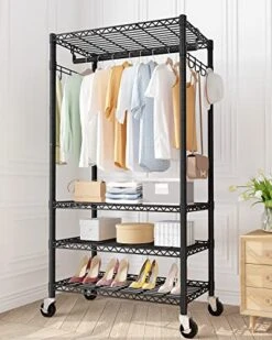 HOKEEPER Heavy Duty Rolling Wire Garment Rack Clothes Rack With Wheels And Hooks, Adjustable Clothing Rack With 4 Tier Shelves, Portable Freestanding Closet Rack For Hanging Clothes, Max Load 725LBS