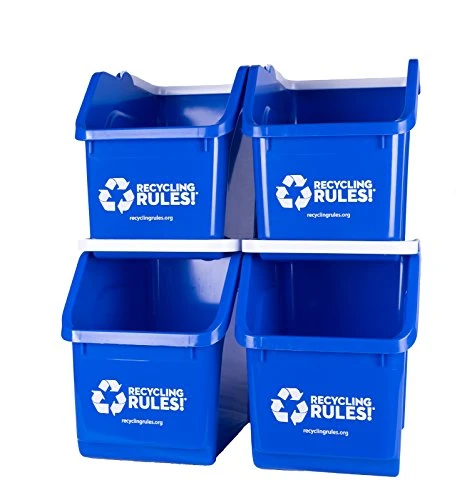 Recycling Rules 6 Gallon Stackable Recycling Bin Container In Blue, Eco-Friendly BPA-Free Handy Recycler With Handle, 4-Pack 1 Recycling Rules 6 Gallon Stackable Recycling Bin Container In Blue, Eco-Friendly BPA-Free Handy Recycler With Handle, 4-Pack