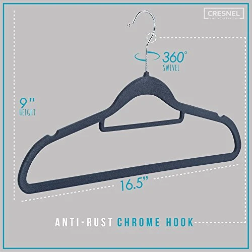 CRESNEL Velvet Hangers 50 Pack - Extra Strong To Hold Heavy Coat And Jacket - Non-Slip & Space Saving Design Excellent For Men And Women Clothes - Rotating Chrome Hook - Modern Gray Color 1 CRESNEL Velvet Hangers 50 Pack - Extra Strong To Hold Heavy Coat And Jacket - Non-Slip & Space Saving Design Excellent For Men And Women Clothes - Rotating Chrome Hook - Modern Gray Color