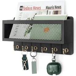 Rebee Vision Decorative Key And Mail Holder For Wall: Farmhouse Wall Mount Sorter With Storage Basket And 6 Retro Key Hooks - Wooden Mail Holder For Office, Appartment, Home Decor (Modern Black)