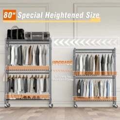 Homdox 3 Shelves Wire Shelving Clothing Rolling Rack Heavy Duty Commercial Grade Garment Rack With Wheels And Side Hooks (One Pair Hook And Two Hanging Rods Gray)