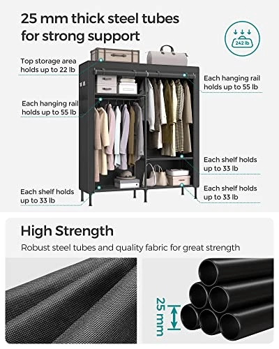 SONGMICS Garment Rack Heavy Duty Clothes Rack, 65 Inch Freestanding Portable Wardrobe Closet With Hanging Rails And Shelves, Total Load 242 Lb, Easy Assembly, For Cloakroom Bedroom, Black URDR301B02 3 SONGMICS Garment Rack Heavy Duty Clothes Rack, 65 Inch Freestanding Portable Wardrobe Closet With Hanging Rails And Shelves, Total Load 242 Lb, Easy Assembly, For Cloakroom Bedroom, Black URDR301B02 - Image 3