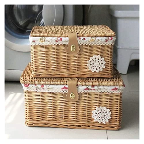 WALTX Rattan Storage Basket Desktop Sundries Cosmetic Storage Box Hand-Woven Home Basket With Lid (Color : Coffee Rose Cloth, Size : 37x27x17 Cm) 2 WALTX Rattan Storage Basket Desktop Sundries Cosmetic Storage Box Hand-Woven Home Basket With Lid (Color : Coffee Rose Cloth, Size : 37x27x17 Cm) - Image 2
