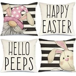 Easter Pillow Covers 16x16 Set Of 4 Easter Decorations For Home Bunny Gnome Stripes Pillows Easter Decorative Throw Pillows Spring Easter Farmhouse Decor A473-16