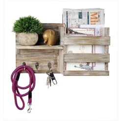 Spiretro Wall-Mounted Key Hooks Holder And Mail Sorter - Rustic Wood Grey - Entryway Organizer For Letters, Leashes, And Purses - Home Decorative Floating Shelf, 16.5” W X 9.75" H X 4.5” D