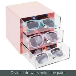 MDesign Stackable Plastic Eye Glass Storage Organizer Box Holder For Sunglasses, Reading Glasses, Lens Cleaning Cloths, And Accessories - 3 Divided Drawers, Chrome Pulls - Light Pink/Clear -GENERIC Shop 51Lkk7dUXDL