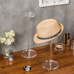 MyGift 16-Inch Clear Premium Acrylic Hat Rack Stand And Wig Holder, Decorative Cap Fedora Cowboy Hat Display Stand With Pedestal And Sturdy Round Base, Set Of 2