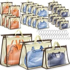 24 Pack Clear Handbag Storage Organizers With 25 Stainless Steel S Shape Hooks Beige Dust Cover Bags Damp Proof Purse Storage Bags With Zippers And Handles For Closet Hanging Storage, 3 Assorted Sizes